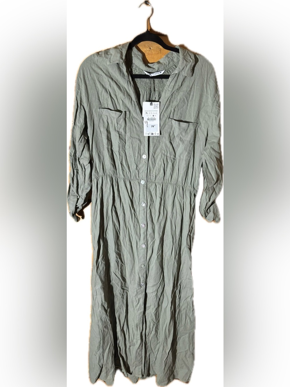 Zara Linen Viscose Olive Long Sleeve Dress